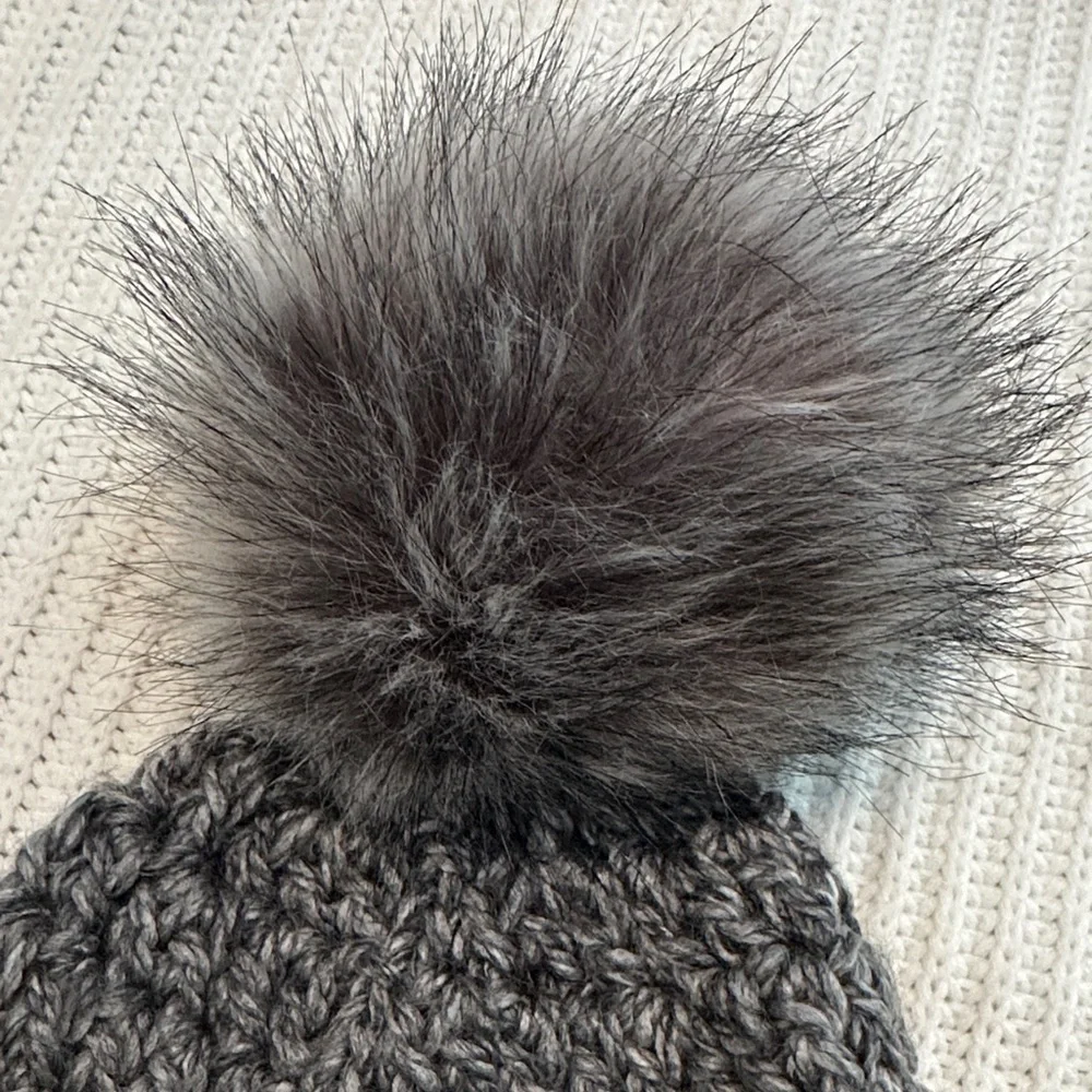 Super Warm Chunky Crochet Knit Gray Beanie Hat with Oversized Faux Fur Pom, OS